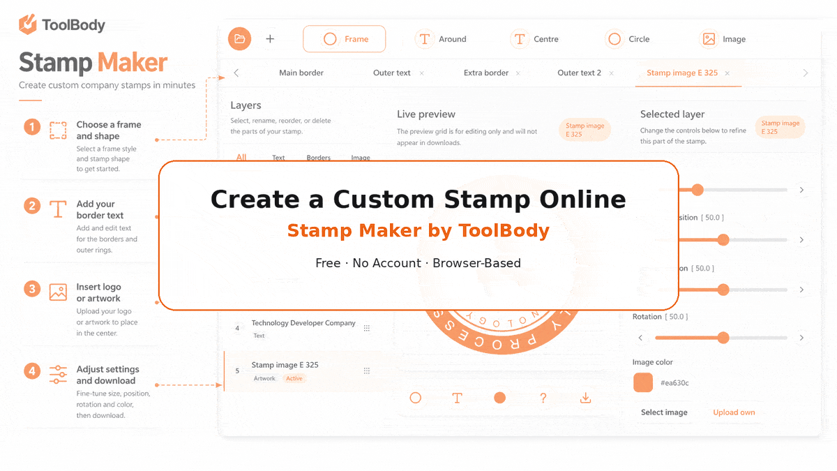 Animated preview of creating a custom stamp with the ToolBody Stamp Maker